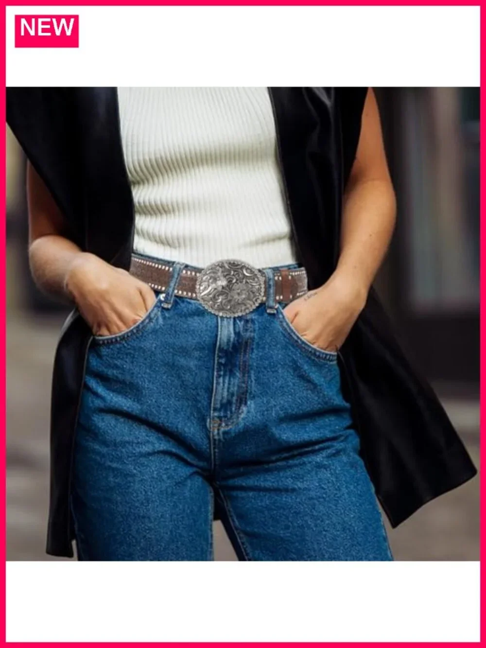 Rhinestone flower buckle cowgirl western belt PU leather